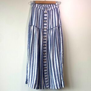 Yuvita 100% Linen Chic Striped Button Front Maxi Skirt in Blue and White